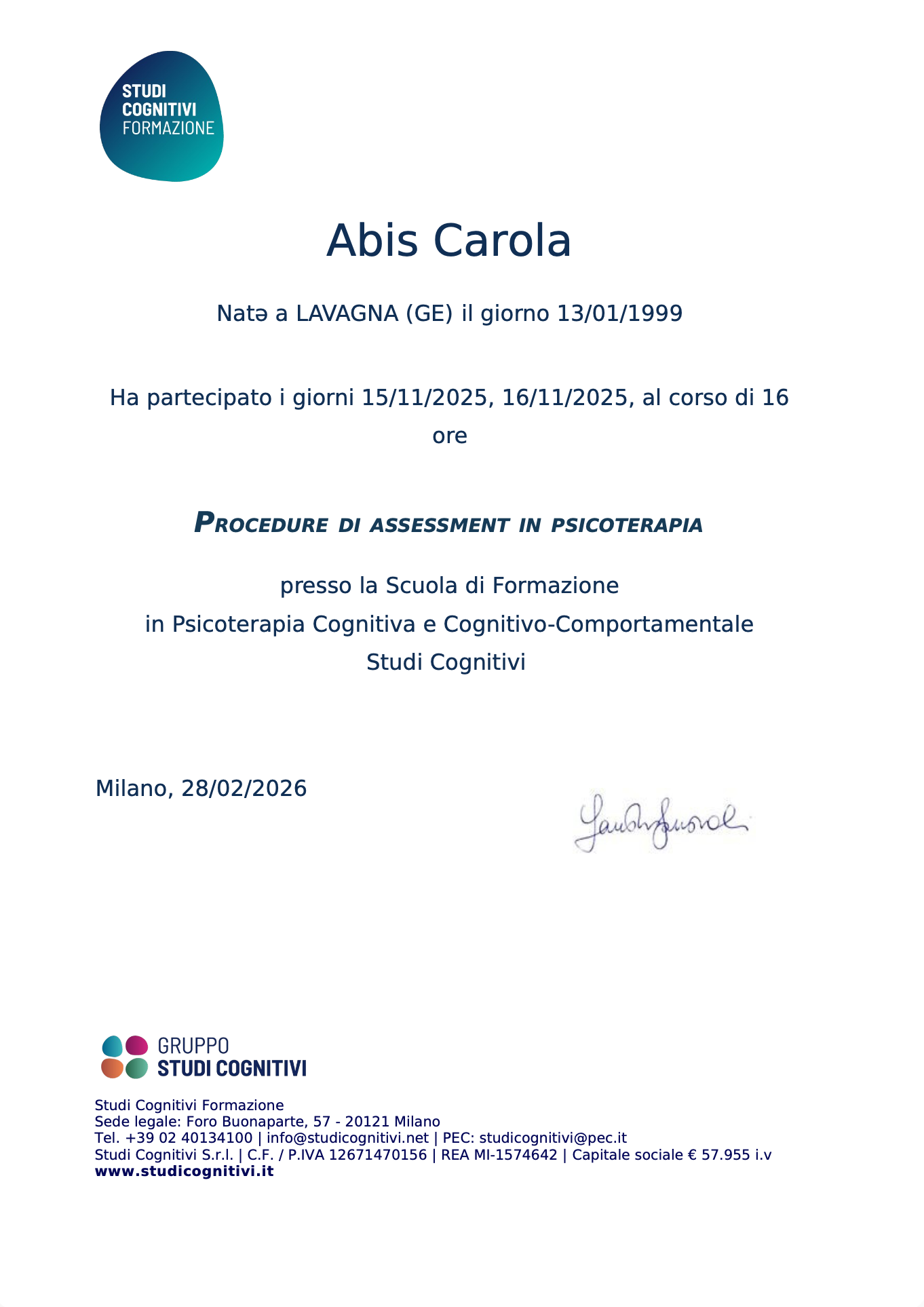 Procedure di assessment in psicoterapia — attestato di Carola Abis